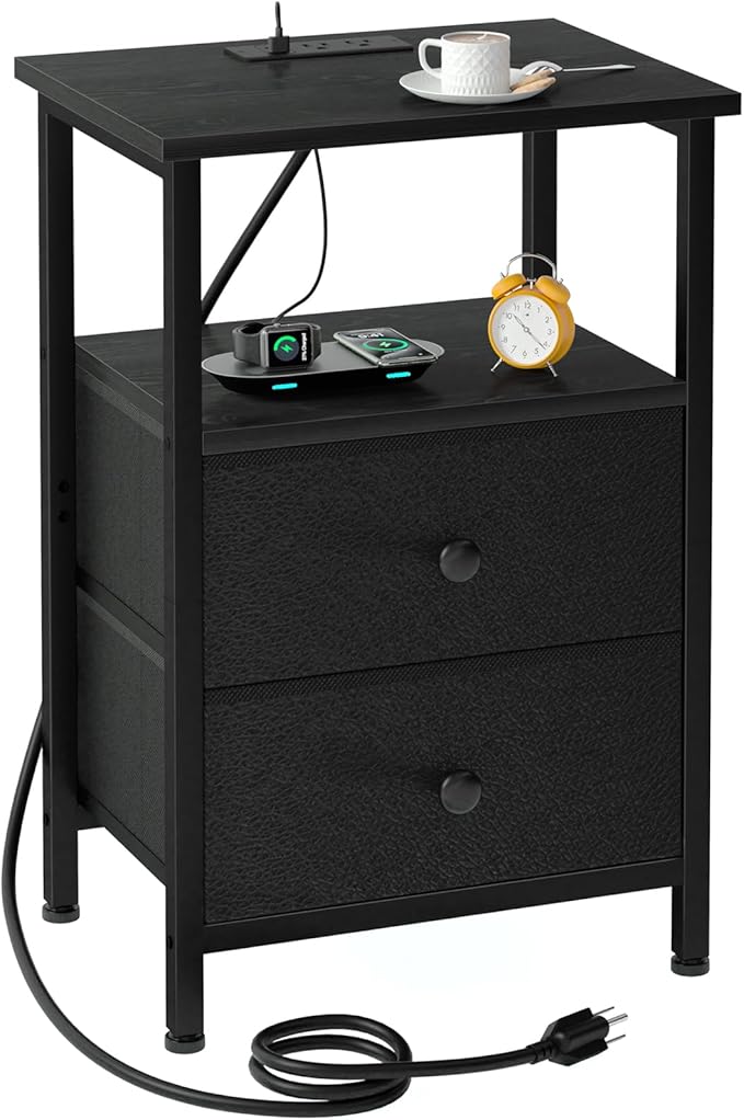 LOAKEKEL Night Stand, Nightstand with Charging Station, Slim Industrial Bedside Table with 2 Fabric Drawers, Small End Table with USB & Type-C Ports for Bedroom, Black, HETS020BK-1