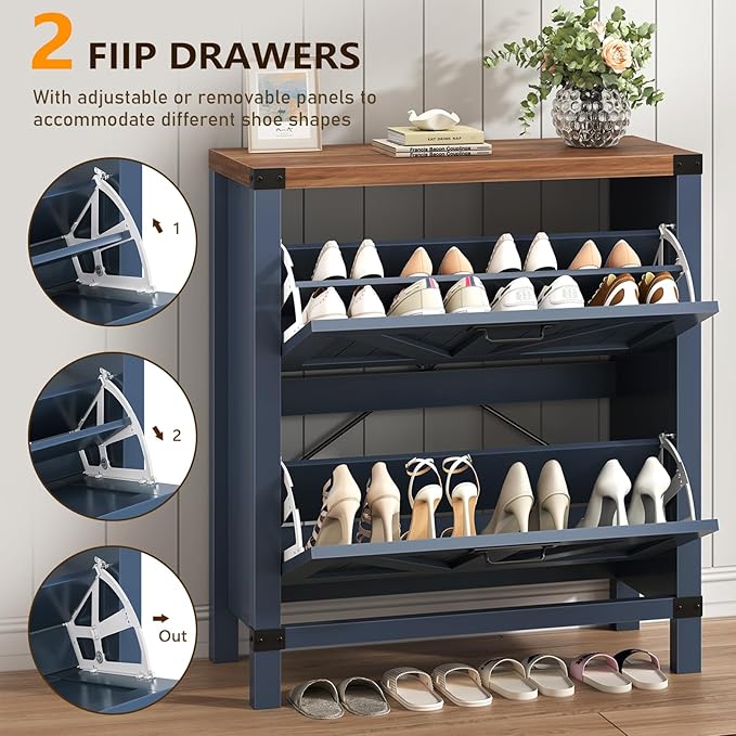 YOMILUVE Shoe Cabinet with 2 Flip Drawers, Farmhouse Shoe Storage Cabinet for Entryway, Slim Shoe Rack Freestanding Shoe Organizer with Barn Door, Blue