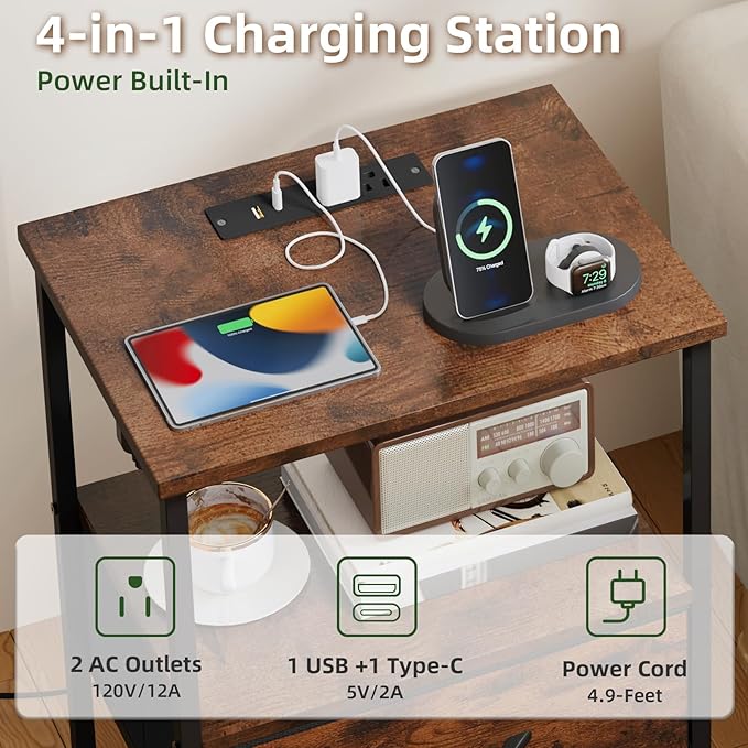 Somdot Nightstand with Charging Station and LED Light for Bedroom, Bedside Table End Table for Dorm Guest Room Bedside Kids Laundry Closet Entryway Hallway, Wood Grain Print