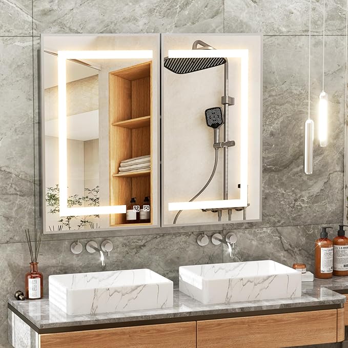 APRILSOUL 40x32 Inch Lighted Bathroom Medicine Cabinet with Mirror, Silver Recessed or Surface Mount Medicine Cabinet Mirror with Storage and LED Lights, 3 Colors Temperature, Dimmable Light