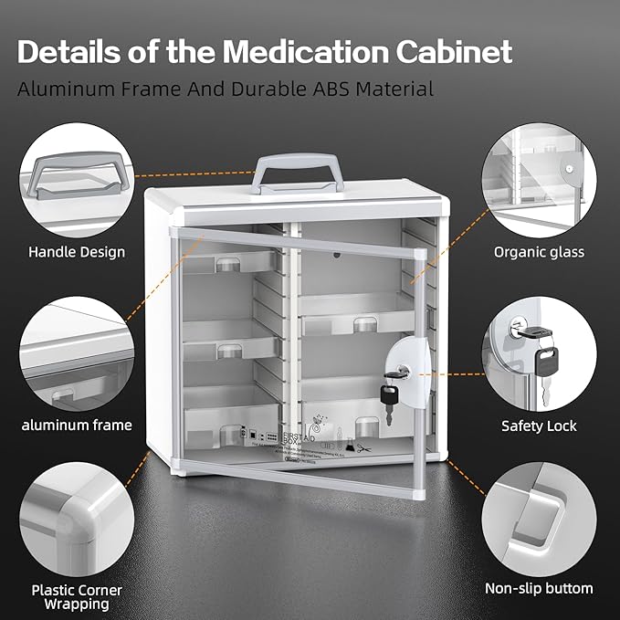 Glosen Lockable Medicine Cabinet with 5 Removable Trays, Wall Mounted & Portable Locking Medicine Cabinet Organizer with Key Lock for Home, Bathroom, Office - Aluminum Frame(13.6x6.5x12.4Inch)