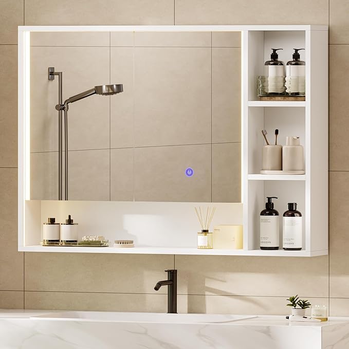 Hasuit Lighted Medicine Cabinet with Mirror and Shelves, Modern Bathroom Medicine Cabinet with Open Storage, Aluminum Channel LED Lights, 39.4'' x 30.7'', White