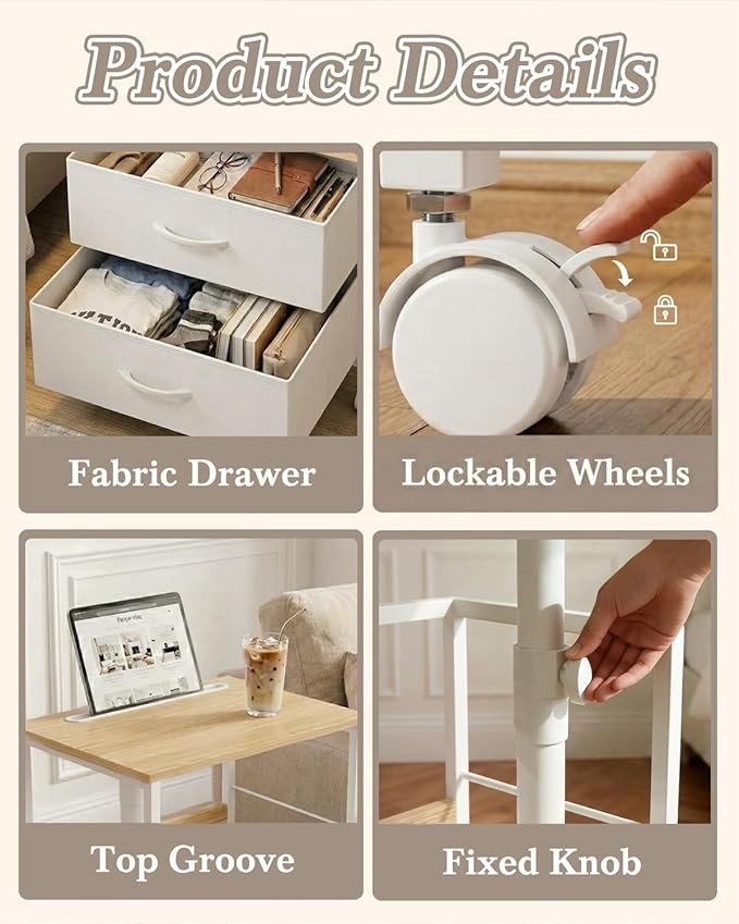 Faesun Swivel Lift Top Nightstand with Charging Station, Rolling Side Table for Recliner, Bedside Table with Wheels & 2 Fabric Drawers, for Small Spaces, for Bedroom, Living Room, Oak White