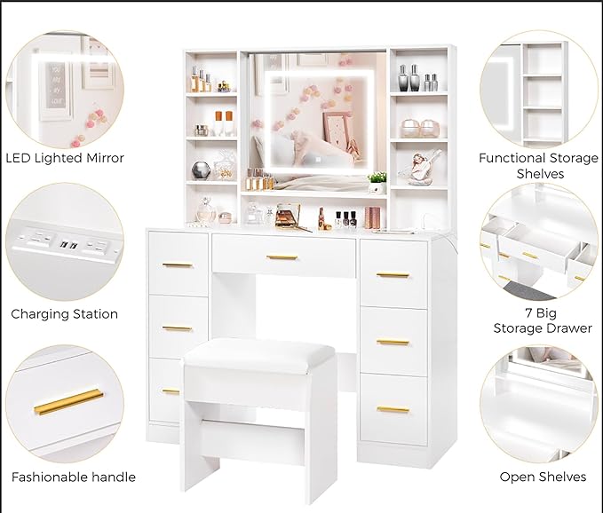 ANWBROAD Vanity Desk Table with Lighted Mirror 39.4“ Girls Makeup Vanity with Power Outlet 3 Colors Lighting Adjustable Brightness Vanity Table for Women Bedroom Dressing Room White UBDT65W