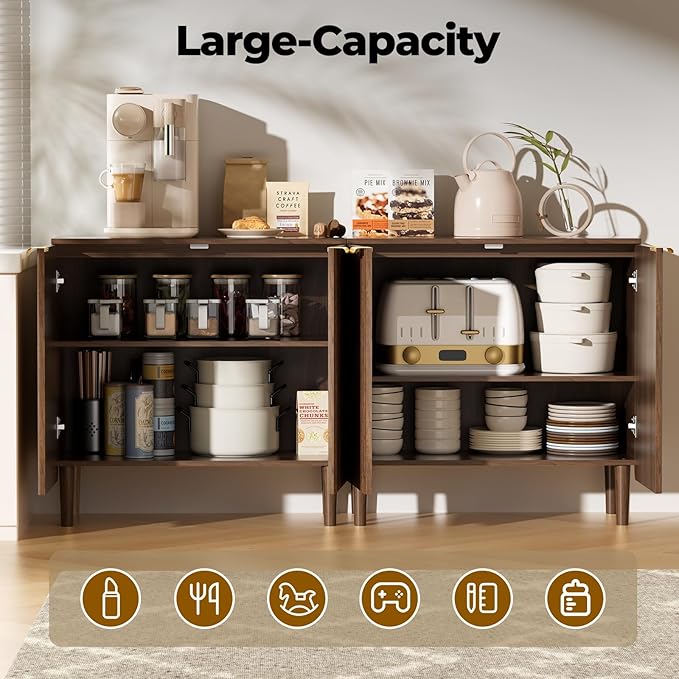 Sideboard Buffet Storage Cabinet - Wood Cabinets with Adjustable Shelves Fluted Doors, Anti-Tip Console Table for Kitchen Dining Living Room or Entryway Hallway, Easy Assembly, Walnut