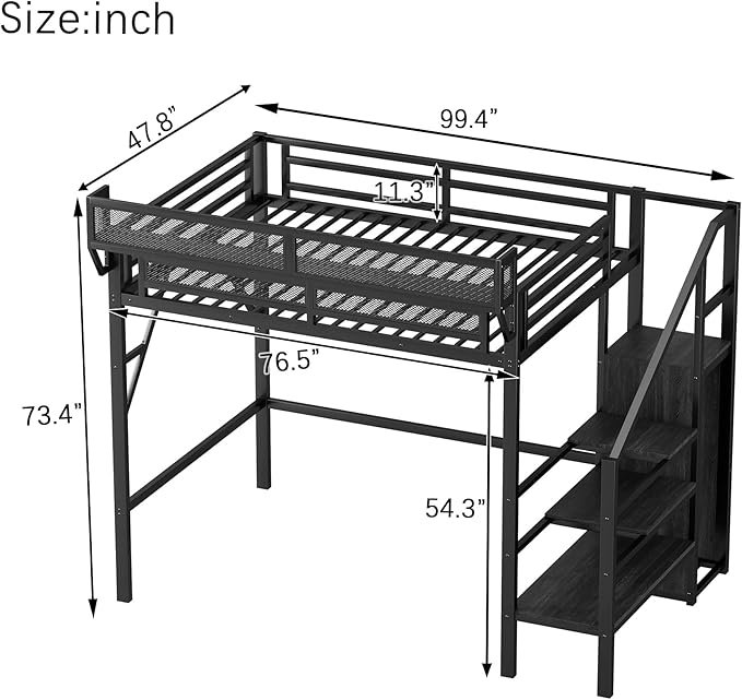 KEIKI Twin XL Size Metal Loft Bed Frame with Convertible Staircase, Built-in Storage Shelves & Wardrobe, Loft Bed with Solid Slat & Guardrail, No Box Spring Required, Easy Assembly, for Bedroom, Black