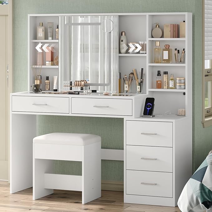 Yanosaku 51" Makeup Vanity with Sliding Mirror and Lights, Vanity with Charging Station, Vanity Desk with 5 Drawers, 2 Adjustable Shelves, Glass Top, Makeup Vanity Desk with Chair for Bedroom, White