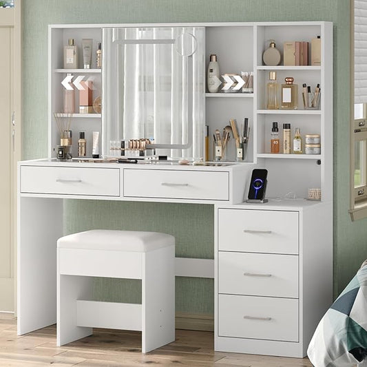Yanosaku 51" Makeup Vanity with Sliding Mirror and Lights, Vanity with Charging Station, Vanity Desk with 5 Drawers, 2 Adjustable Shelves, Glass Top, Makeup Vanity Desk with Chair for Bedroom, White