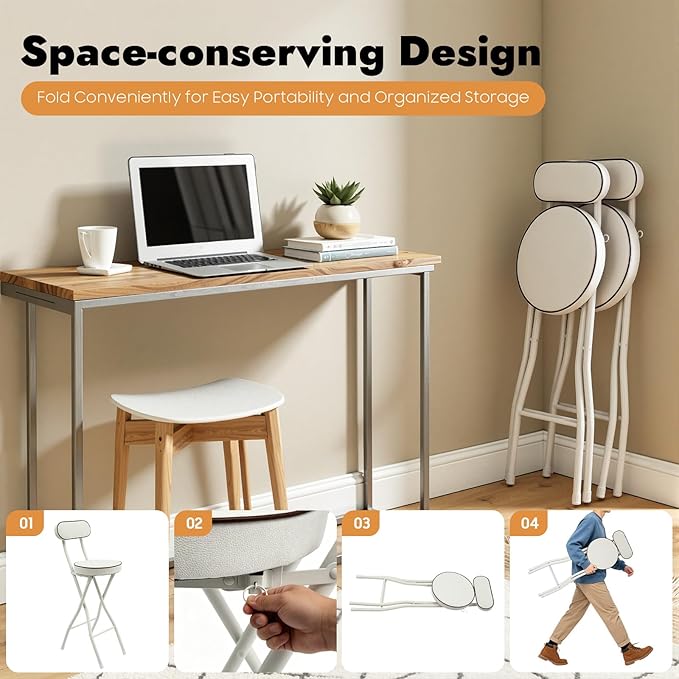 2 PCS Folding Stool with Back 38.5 inch Tall Foldable Stool with Cushioned Padded Folding Bar Stools Metal Portable Chair Stools for Outdoor Indoor Kitchen Shop Cafe Garden Camping (White)