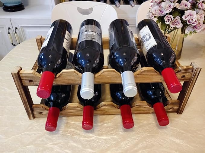 8 Bottle Wooden Wine Rack, 2 Tier Countertop Wine Storage Rack, Carbonized Pine Wood Freestanding Wine Organizer Holder for Kitchen Counter, Bar, Cabinet, Dining Room