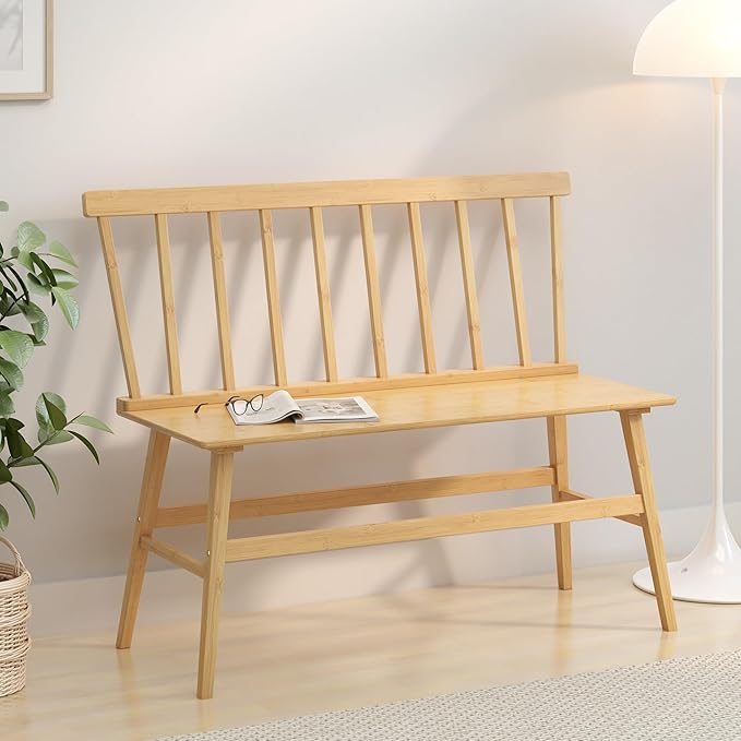 Bamboo Dining Bench, Entryway Bench with Spindle Back Farmhouse Wood Windsor for Foyer Balcony Living Room (Nature)