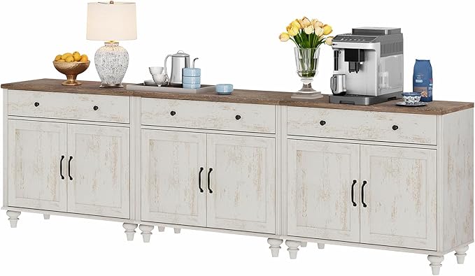 WAMAPT Rustic White Buffet Cabinet with 6 Doors and 3 Drawers, Large Coffee Bar Table Wood Kitchen Storage Cabinets, Modern Farmhouse Sideboard Credenza for Dining Room, 101 inch