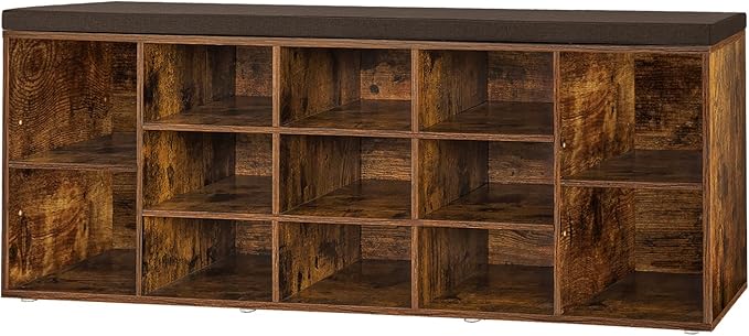 DINZI LVJ Shoe Storage Bench with Cushion, 13-Cubby Shoe Rack, Adjustable Shelves, Multifunctional Shoe Organizer Bench for Entryway, Mudroom, Hallway, Living Room, Bedroom and Garage, Rustic Brown