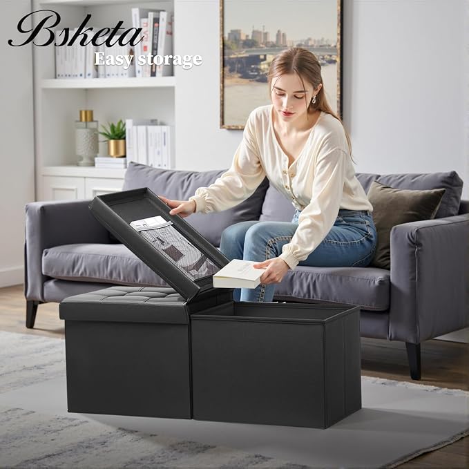 Bsketa Storage Ottoman Bench with Folding Lid Ⅲ, Foot Stools Opens on Both Ends, Footrest Foldable Leather Chest for Living Room, Bedroom, Entryway, End of Bed Storage Blanket Ottomans Black