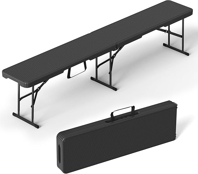 VSOAEIL 6 Foot Folding Bench, Portable Plastic Folding Bench Seat, Foldable Seat for Indoor Outdoor Picnic Camping Dining, Soccer Garden Multipurpose Entertaining Activities, Black Rattan, 1 Pack
