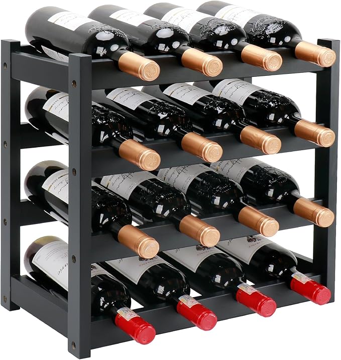 Bamboo Wine Rack, 4-Tier 16 Bottles Wine Storage Cabinet Shelf, Easy-Assembly Freestanding Bamboo Wine Racks Countertop for Kitchen Pantry Dining Room Bar, Black