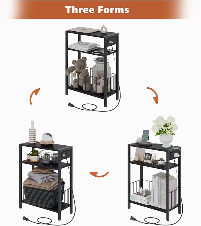 TRIFEBLE Narrow Side Table with Charging Station, Small End Table for Small Spaces, Slim Nightstand with Storage Basket, 3 Tier Skinny Bedside Table for Living Room, Bedroom, Black