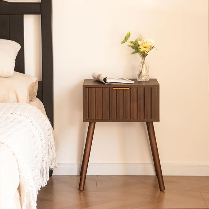 AWASEN Night Stand, Small End Tables Living Room, Mid Century Modern Nightstand Accent Bedside Table with Fluted Drawer for Bedroom and Small Space, Walnut Brown