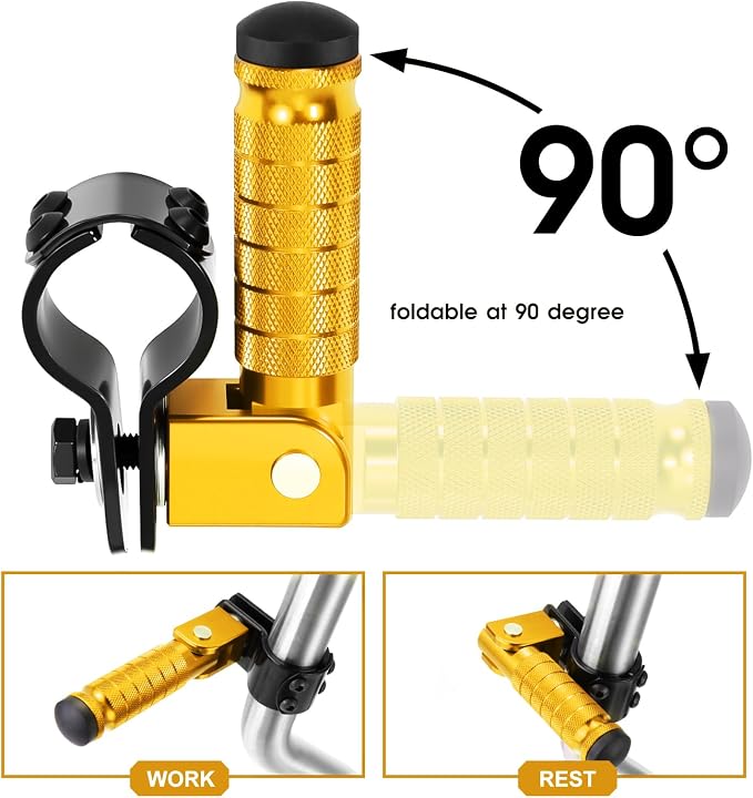 90 Degree Foldable Footpegs M8 Motorcycle Foot Pegs CNC Anti-Skid Footrest Passenger Pedal for Motorbike Mini Bike Dirt Pit Bike (Gold)