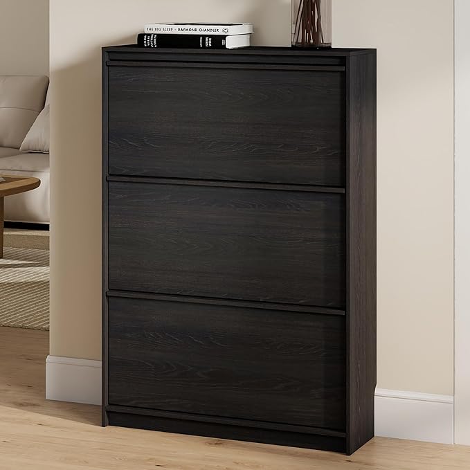 Shoe Cabinet with 3 Flip Drawers, 31.5" W Narrow Shoe Storage Cabinet for Entryway, Slim Shoe Organizer with Adjustable Shelves, Freestanding Shoe Rack for Hallway, Living Room, Black