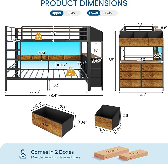 Twin Over Twin Bunk Bed with 6 Storage Drawers & 3 Boxes, Dual Side Shelves, Twin Bunk Beds for Kids with LED Lights and Charging Station, Heavy Duty Metal Bunk Bed with Safety Guardrail and Ladder