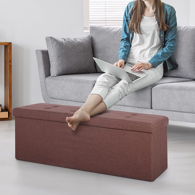 ZENY 43.3 inches Folding Storage Ottoman Bench Storage Chest Footrest with Foam Padded Seat, Great for Bedroom, Entryway and Living Room, Holds up to 660 lb, Brown