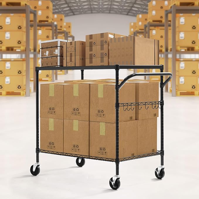WDT 2-Tier Utility Cart with Wheels, Metal Cart with 1000LBS Capacity, NSF Heavy Duty Rolling Cart, Commercial Grade Serving Tool Storage Carts for Warehouse Garage Kitchen, 24"D x 40"W x 39"H, Black