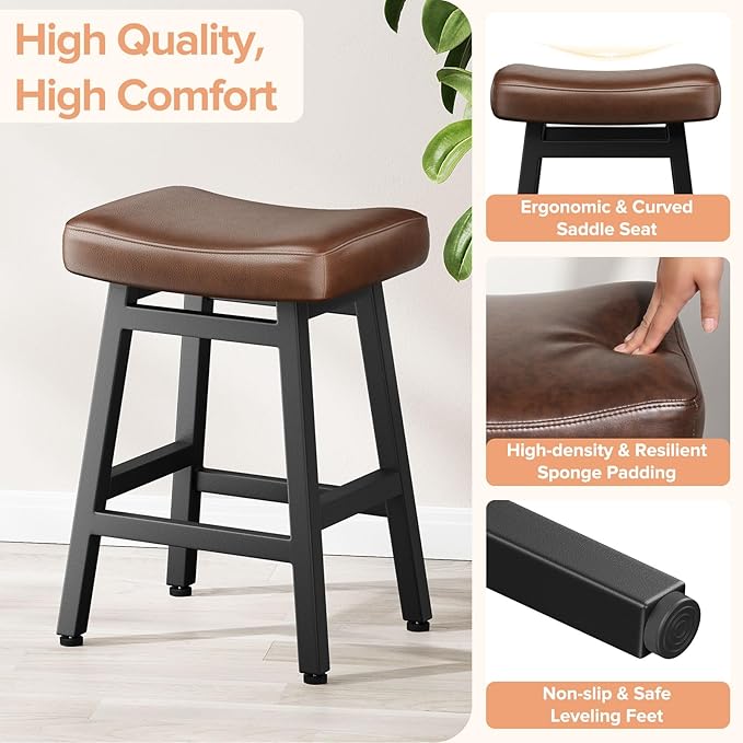 Raynesys Counter Height Bar Stools Set of 3, 24 Inch Barstools for Kitchen Counter, Kitchen Stools with Bonded Leather Saddle Seats & Heavy Duty Metal Legs, Easy Assembly, Brown/Black