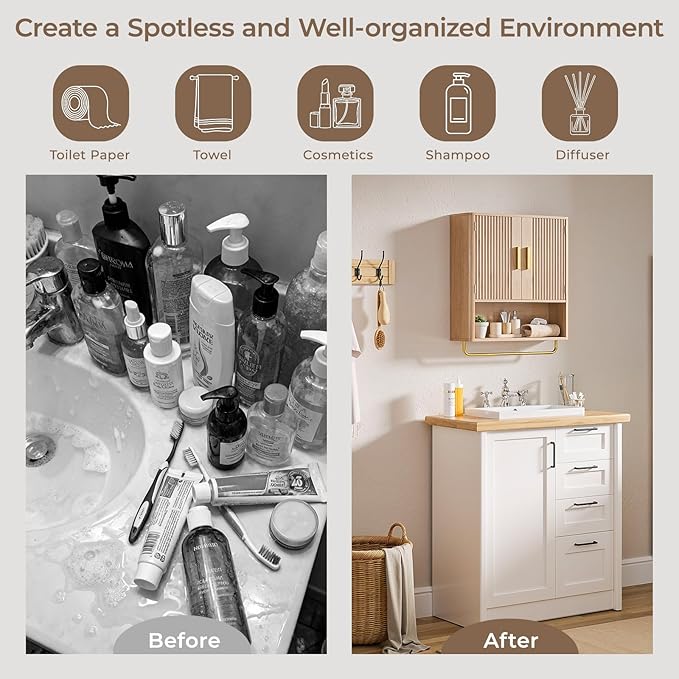 Memobarco Bathroom Wall Cabinet, Medicine Cabinet with Fluted Door & Adjustable Shelf, Over the Toilet Storage Cabinet with Towel Bar, Cabinet Wall Mount for Laundry Room & Kitchen, Wood