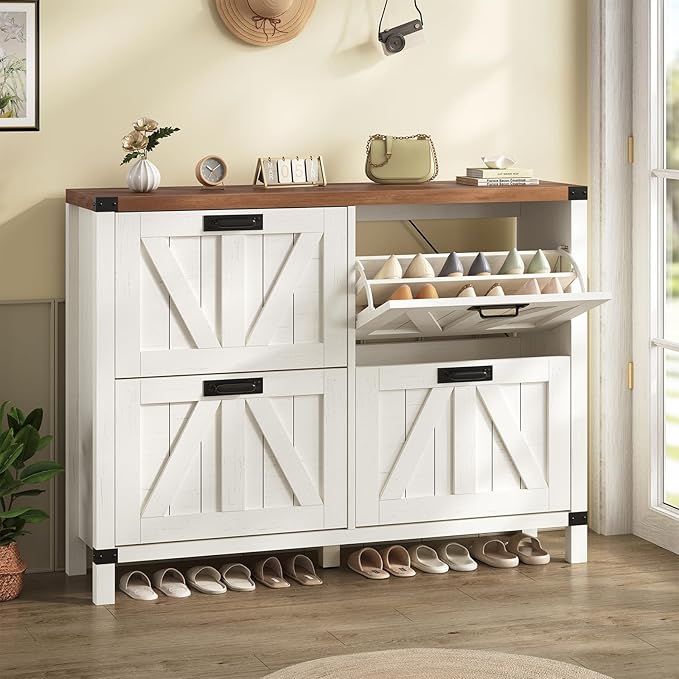 YOMILUVE Shoe Storage Cabinet with 4 Flip Drawers, Farmhouse Shoe Cabinet for Entryway, Slim Shoe Rack Freestanding Shoe Organizer with Barn Door, Brown and White