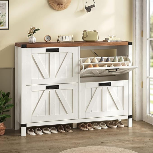 YOMILUVE Shoe Storage Cabinet with 4 Flip Drawers, Farmhouse Shoe Cabinet for Entryway, Slim Shoe Rack Freestanding Shoe Organizer with Barn Door, Brown and White