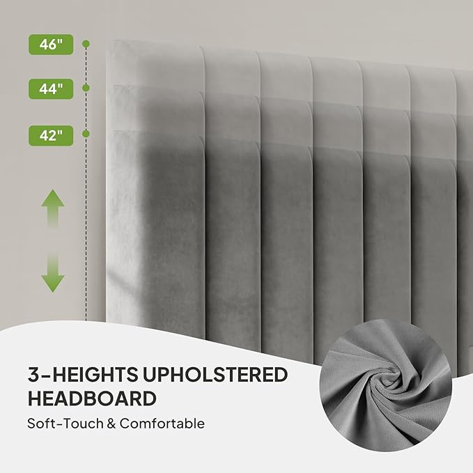Welzona Queen Size Velvet Bed Frame with 2 Storage Drawers, Fully Upholstered Metal Platform Corner Bed Frame with Vertical Tufted Headboard, 3-Level Height, Easy Assembly, No Box Spring Needed, Grey