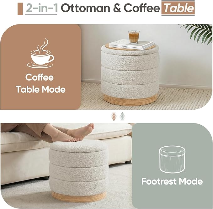 Round Storage Ottoman with Reversible Tray Lid, Folding Chenille Fabric Footrest with Hidden Storage, 15.4" Footstool for Small Spaces Living Room Bedroom, Wood Grain Base, Cream White