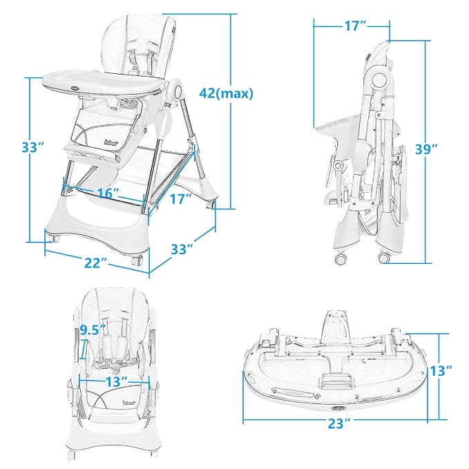 INFANS High Chair with One-Hand Removable Tray, 4 Lockable Wheels & Large Storage Basket - Multi-Adjustable Height, Recline & Footrest, Removable Cushion, Foldable for Baby, Infant& Toddler, Grey