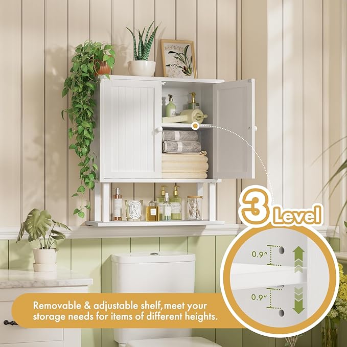 AmazerBath Bathroom Wall Cabinets, Bamboo Over The Toilet Storage Cabinet with Adjustable Shelves, Large Wall Mounted Medicine Cabinets with 2 Doors for Small Spaces, White, 9" D x 21.3" W x 23.8" H