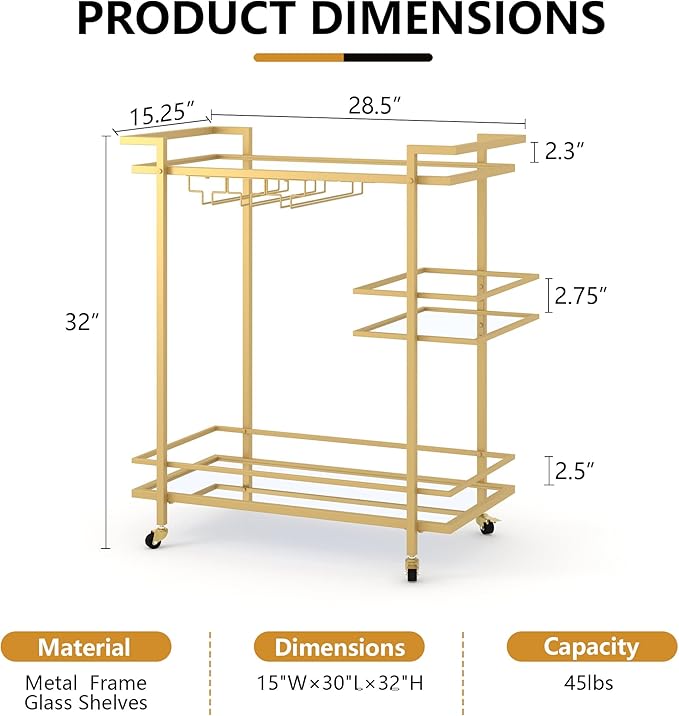 Gold Home Bar Cart, 2-Tier Glass Shelves Rolling Wine Cart with Wheels and Wine Holders, Modern Mobile Serving Trolley for Living Room Dining Room
