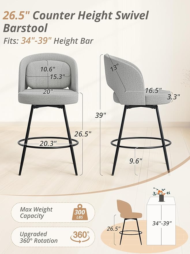 LUE BONA 26''H Swivel Bar Stools Set of 4, Counter Height Bar Stools with Backs, Lumbar Pillow and Black Metal Frames, Upholstered Modern Barstools for Kitchen Island, Linen Farbic, Gray