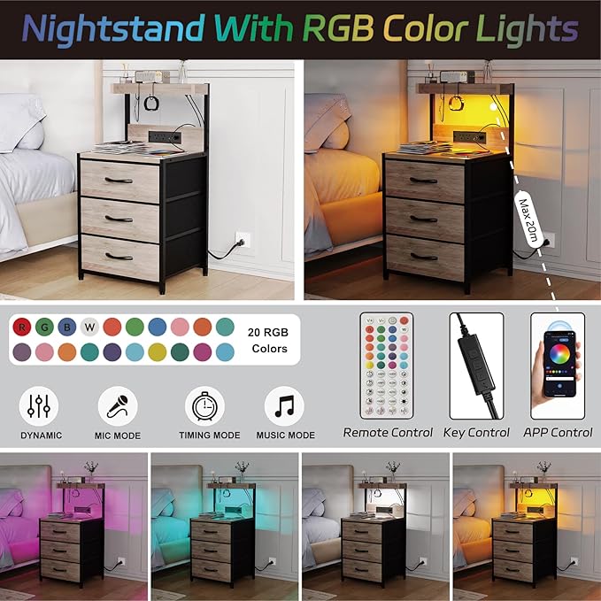 SZLHANJZ Nightstand Set of 2, Large Night Stand with LED Lights and Charging Station, 39-Inch Tall Bed Side Tables with Shelves, 3 Fabric Drawers Bedside Table for Bedroom, Greige