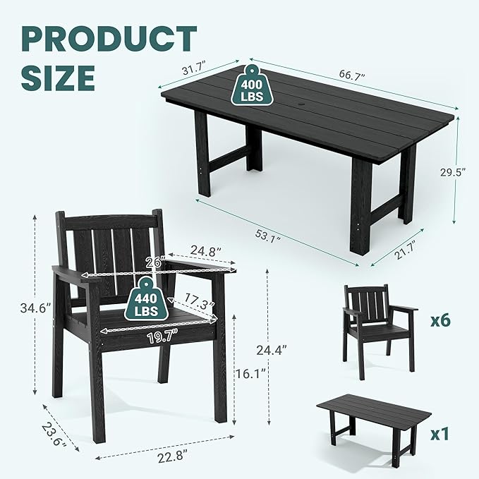 Pamapic 7 PCS Outdoor Dining Set, Spacious HDPE Outdoor Table and Chairs, Wood Grain Patio Furniture Sets with Elegant Armrest, All-Weather Patio Dining Table with Umbrella Hole, Black
