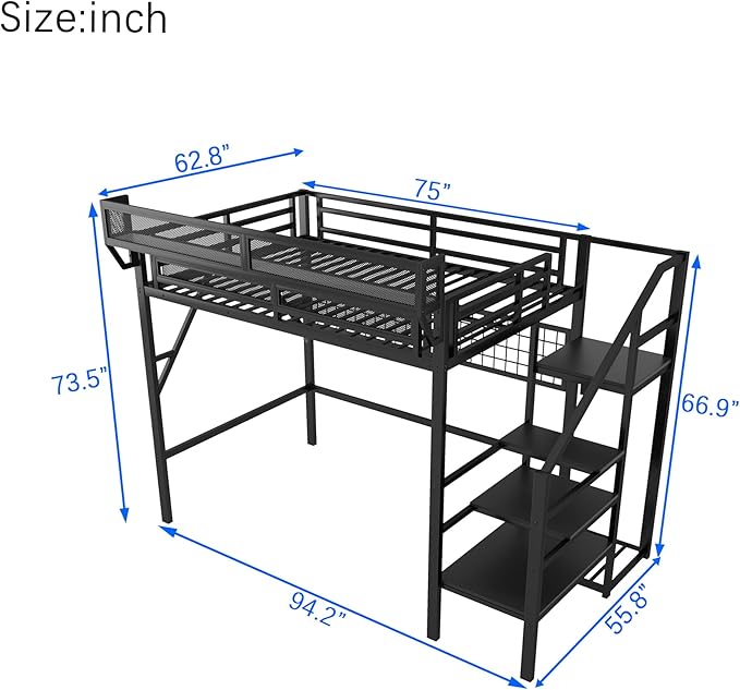 KEIKI Full Size Metal Loft Bed Frame with Grid & Staircase & Built-in Storage Shelves & Wardrobe, Modern Loft Bed with Solid Slat & Guardrail, No Box Spring Required, Easy Assembly, for Bedroom, Black