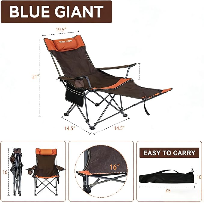 2 Pack Adjustable Folding Camping Chairs with Detachable Footrest and Headrest, Lightweight and Portable, Ideal for Hiking, Travel, Fishing and Outdoor Activities (Orange)