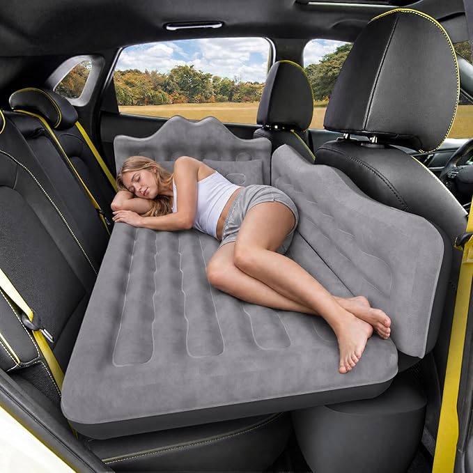 Back Seat Car Air Mattress: Inflatable SUV Car Camping Bed for Truck Van, Thickened Double-Sided Flocking Travel Car Sleeping Pad with Air Pump 2 Pillows