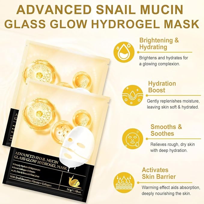 Snail Mucin Glass Glow Hydrogel Mask, Collagen Face Masks Skincare, Collagen Night Wrapping Mask, Korean Facial Masks Skin Care (4 PCS)