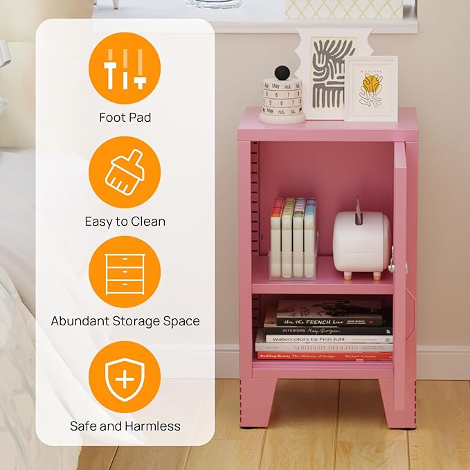 ALBAD Metal Nightstand with Lockable Cabinet, Compact Mini Locker Bedside Table for Kids & Adults, Modern Steel Side Table for Bedroom, Dorm, or Living Room (Pink)