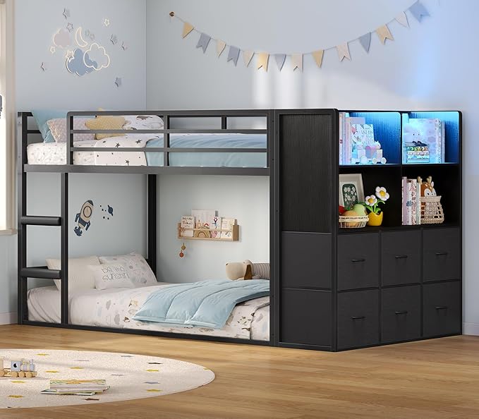 BTHFST Twin Over Twin Bunk Bed with Storage Drawers & Open Storage Shleves with LED Lights, Metal Black Low Bunk Bed Safety Ladder and 13.4" H Guardrail, Space Saving