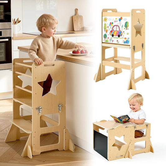 VEVOR 4-in-1 Toddler Kitchen Step Stool, Foldable Learning Standing Tower with Blackboard & Whiteboard, Wooden Kitchen Stool Helper with Detachable Stool, Montessori Table and Chair Set for Ages 1-3