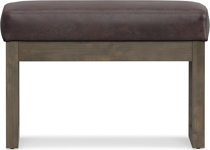 SIMPLIHOME Milltown Small Ottoman Bench - 27" Wide x 18" High Upholstered Vegan Leather Rectangle Footstool Ottoman in Distressed Brown, Contemporary Bench for Bedroom with Cushioned Seat, Assembled