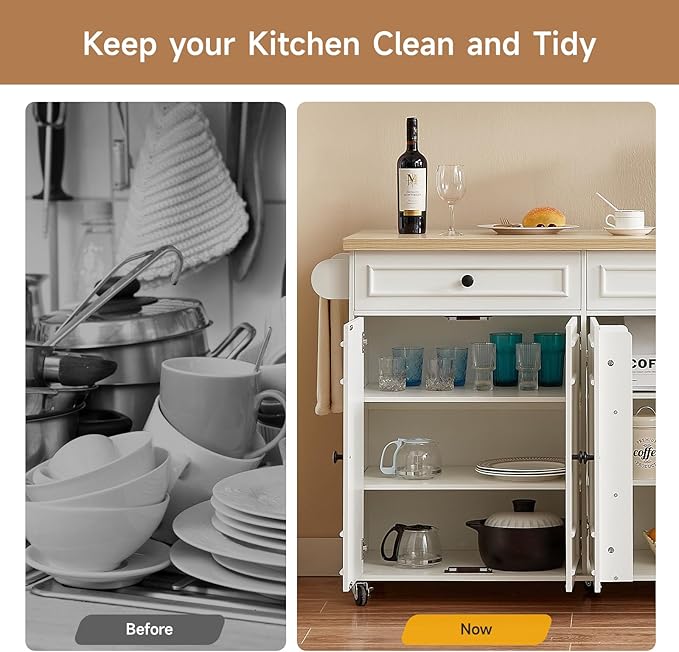 ONBRILL 58" Mobile Kitchen Island, Kitchen Island Cart with Power Outlet, Island Table for Kitchen, Home Bar Carts with Storage, Kitchen Rolling Island with Spice Rack & Towel Rack & Knife Holder