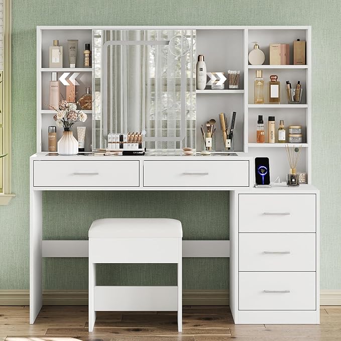 Yanosaku 51" Makeup Vanity with Sliding Mirror and Lights, Vanity with Charging Station, Vanity Desk with 5 Drawers, 2 Adjustable Shelves, Glass Top, Makeup Vanity Desk with Chair for Bedroom, White