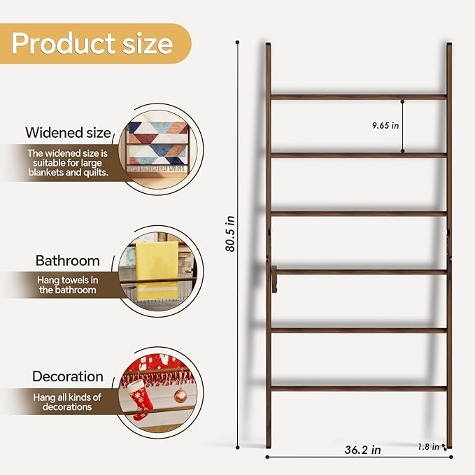 Delywh 6-Tier Wide Double Blanket Ladder Wood, Rustic Decorative Towel Rack for Big Blanket, Towel, Quilt, Clothes, Freestanding Blanket Holder Towel Ladder Decor Stand for Living Room, Bedroom, Brown